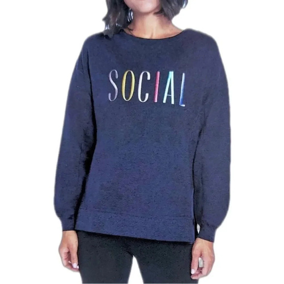 Wildfox | Sweatshirt Crewneck Social Long Sleeve Side Slits Soft Stretch - Picture 1 of 8